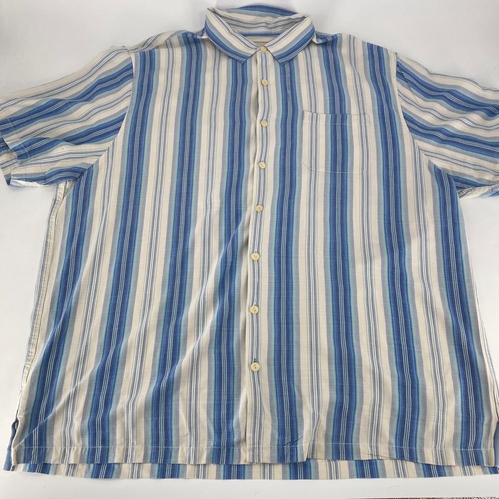 Tommy Bahama Mens 3XT Blue Striped Silk Blend Short‎ Sleeve Button Down Shirt